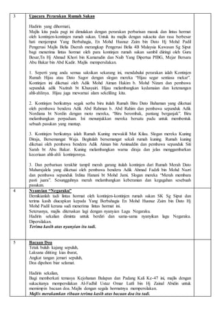3 Upacara Perarakan Rumah Sukan
Hadirin yang dihormati,
Majlis kita pada pagi ini dimulakan dengan perarakan perbarisan masuk dan lintas hormat
oleh kontinjen-kontinjen rumah sukan. Untuk itu majlis dengan sukacita dan rasa berbesar
hati menjemput Yang Berbahagia, En Mohd Husnuz Zaim bin Dato Hj Mohd Padil
Pengerusi Majlis Belia Daerah merangkap Pengerusi Belia 4B Malaysia Kawasan Sg Siput
bagi menerima lintas hormat oleh para kontinjen rumah sukan sambil diiringi oleh Guru
Besar,Tn Hj Ahmad Khori bin Kamarudin dan Naib Yang Dipertua PIBG, Mejar Bersara
Abu Bakar bin Abd Kadir. Majlis mempersilakan.
1. Seperti yang anda semua saksikan sekarang ini, mendahului perarakan ialah Kontinjen
Rumah Hijau atau Dato Sagor dengan slogan mereka “Hijau segar sentiasa mekar”.
Kontinjen ini diketuai oleh Adik Mohd Aiman Hakim b. Mohd Nizam dan pembawa
sepanduk adik Nazirah bt Khusyairi. Hijau melambangkan kedamaian dan ketenangan
ahli-ahlinya. Hijau juga mewarnai alam sekeliling kita.
2. Kontinjen berikutnya segak serba biru itulah Rumah Biru Dato Bahaman yang diketuai
oleh pembawa bendera Adik Abd Rahman b. Abd Rahim dan pembawa sepanduk Adik
Nordiana bt Nordin dengan moto mereka, “Biru berombak, pantang berganjak”. Biru
melambangkan perpaduan. Ini menunjukkan mereka bersatu padu untuk membentuk
sebuah pasukan yang mantap.
3. Kontinjen berikutnya ialah Rumah Kuning mewakili Mat Kilau. Slogan mereka Kuning
Diraja, Bersemangat Waja. Begitulah bersemangat sekali rumah kuning. Rumah kuning
diketuai oleh pembawa bendera Adik Aiman bin Aminuddin dan pembawa sepanduk Siti
Sarah bt Abu Bakar. Kuning melambangkan warna diraja dan jelas menggambarkan
keceriaan ahli-ahli kontinjennya.
3. Dan perbarisan terakhir tampil merah garang itulah kontinjen dari Rumah Merah Dato
Maharajalela yang diketuai oleh pembawa bendera Adik Ahmad Fadzli bin Mohd Nazri
dan pembawa sepanduk Irdina Hanani bt Mohd Jami. Slogan mereka “Merah membara
pasti juara”. Sesungguhnya merah melambangkan keberanian dan kegagahan sesebuah
pasukan.
4 Nyanyian “Negaraku”
Demikianlah tadi lintas hormat oleh kontinjen-kontinjen rumah sukan SK Sg Siput dan
terima kasih diucapkan kepada Yang Berbahagia En Mohd Husnuz Zaim bin Dato Hj
Mohd Padil kerana sudi menerima lintas hormat ini.
Seterusnya, majlis diteruskan lagi dengan nyanyian Lagu Negaraku.
Hadirin sekalian diminta untuk berdiri dan sama-sama nyanyikan lagu Negaraku.
Dipersilakan.
Terima kasih atas nyanyian itu tadi.
5 Bacaan Doa
Tetak buluh kajang sepuluh,
Laksana dititing kias ibarat,
Angkat tangan jemari sepuluh,
Doa dipohon biar selamat.
Hadirin sekalian,
Bagi memberkati temasya Kejohanan Balapan dan Padang Kali Ke-47 ini, majlis dengan
sukacitanya mempersilakan Al-Fadhil Ustaz Omar Lutfi bin Hj Zainal Abidin untuk
memimpin bacaan doa. Majlis dengan segala hormatnya mempersilakan.
Majlis merakamkan ribuan terima kasih atas bacaan doa itu tadi.
 