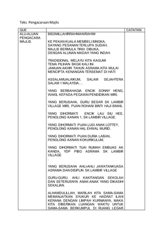 Teks Pengacaraan Majlis
QUE CATATAN
ALU-ALUAN
PENGACARA
MAJLIS
BISSMILLAHIRRAHMANIRAHIM
KE PEKAN KUALA MEMBELI BINGKA,
SAYANG PESANAN TERLUPA SUDAH;
MAJLIS BERMULA TIRAI DIBUKA,
DENGAN ALUNAN MADAH YANG INDAH.
TRADISIONAL MELAYU KITA KAGUMI
TEMA PILIHAN BKGK KALI INI
JAMUAN AKHIR TAHUN ASRAMA KITA MULAI
MENCIPTA KENANGAN TERSEMAT DI HATI
ASSALAMUALAIKUM, SALAM SEJAHTERA
SALAM 1 MALAYSIA.…
YANG BERBAHAGIA ENCIK SONNY HENG,
WAKIL KEPADA PEGAWAI PENDIDIKAN MIRI.
YANG BERUSAHA, GURU BESAR SK LAMBIR
VILLAGE MIRI, PUAN ROHANI BINTI HAJI ISMAIL
YANG DIHORMATI ENCIK LAU SIU HEE,
PENOLONG KANAN 1, SK LAMBIR VILLAGE.
YANG DIHORMATI PUAN LUSI ANAK LOTTEY,
PENOLONG KANAN HAL EHWAL MURID.
YANG DIHORMATI PUAN DURIA LABAN,
PENOLONG KANAN KOKURIKULUM.
YANG DIHORMATI TUAI RUMAH EMBUAS AK
KANDA, YDP PIBG ASRAMA SK LAMBIR
VILLAGE
.
YANG BERUSAHA AHLI-AHLI JAWATANKUASA
ASRAMA DAN DISIPLIN SK LAMBIR VILLAGE
GURU-GURU, AHLI KAKITANGAN SEKOLAH
DAN SETERUSNYA ANAK-ANAK YANG DIKASIHI
SEKALIAN.
ALHAMDULILLAH, MARILAH KITA SAMA-SAMA
MEMANJATKAN SYUKUR KE HADRAT ILAHI
KERANA DENGAN LIMPAH KURNIANYA, MAKA
KITA DIBERIKAN LUANGAN WAKTU UNTUK
SAMA-SAMA BERKUMPUL DI RUANG LEGAR
 