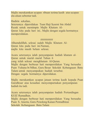 Teks pengacaraan majlis khatam alquran