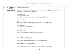 HARI ANUGERAH KECEMERLANGAN SK BUKIT BALAI 2014 
1 UCAPAN ALU-ALUAN 
(SALUTATION) 
Bismillahirahmanirrahim 
Assalamualaikum warahmatullahiwabarakatuh. Salam Perpaduan, Salam Perak 
Amanjaya dan Salam Satu Malaysia 
Yang berusaha 
Encik Othman bin Said 
Yang DiPertua Persatuan Ibu Bapa dan Guru, SK Bukit Balai 
Yang berusaha 
Encik 
Naib Yang DiPertua Persatuan Ibu Bapa dan Guru, SK Bukit Balai 
Yang berusaha 
Puan Norhasimah binti Othman 
Guru Besar SK Bukit Balai 
Yang dihormati 
Barisan guru-guru penolong kanan SK Bukit Balai. 
Guru-guru 
Para ibu bapa dan penjaga 
Barisan ahli jawatankuasa Persatuan Ibu Bapa dan Guru. 
Ahli ahli Jawatankuasa pengelola 
Penerima-penerima Hari Anugerah Kecemerlangan SK Bukit Balai 
ASA 
3 
 