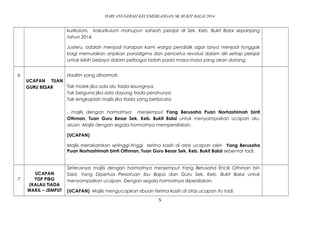 HARI ANUGERAH KECEMERLANGAN SK BUKIT BALAI 2014 
kurikulum, kokurikulum mahupun sahsiah pelajar di Sek. Keb. Bukit Balai sepanjang 
tahun 2014. 
Justeru, adalah menjadi harapan kami warga pendidik agar ianya menjadi tonggak 
bagi memulakan anjakan paradigma dan pencetus revolusi dalam diri setiap pelajar 
untuk lebih berjaya dalam pelbagai bidah pada masa-masa yang akan datang. 
6 
UCAPAN TUAN 
GURU BESAR 
Hadirin yang dihormati, 
Tak molek jika ada alu tiada lesungnya, 
Tak berguna jika ada dayung tiada perahunya 
Tak lengkaplah majlis jika tiada yang berbicara 
, majlis dengan hormatnya menjemput Yang Berusaha Puan Norhashimah binti 
Othman, Tuan Guru Besar Sek. Keb. Bukit Balai untuk menyampaikan ucapan alu-aluan. 
Majlis dengan segala hormatnya mempersilakan. 
(UCAPAN) 
Majlis merakamkan setinggi-tinggi terima kasih di atas ucapan oleh Yang Berusaha 
Puan Norhashimah binti Othman, Tuan Guru Besar Sek. Keb. Bukit Balai sebentar tadi. 
MS 
7 
UCAPAN 
YDP PIBG 
(KALAU TIADA 
WAKIL – JEMPUT 
Seterusnya majlis dengan hormatnya menjemput Yang Berusaha Encik Othman bin 
Said, Yang Dipertua Persatuan Ibu Bapa dan Guru Sek. Keb. Bukit Balai untuk 
menyampaikan ucapan. Dengan segala hormatnya dipersilakan. 
(UCAPAN) Majlis mengucapkan ribuan terima kasih di atas ucapan itu tadi. 
NH 
5 
 
