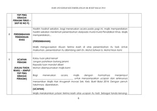 HARI ANUGERAH KECEMERLANGAN SK BUKIT BALAI 2014 
YDP PIBG 
SEBAGAI 
PERASMI TERUS – 
SKIP KE NO 9) 
8 PERSEMBAHAN 
PENDIDIKAN 
KHAS 
Hadirin hadirat sekalian, bagi meneruskan acara pada pagi ini, majlis mempersilakan 
hadirin sekalian menikmati persembahan daripada murid-murid Pendidikan Khas. Majlis 
mempersilakan... 
(PERSEMBAHAN) 
Majlis mengucapkan ribuan terima kasih di atas persembahan itu tadi. Untuk 
makluman, persembahan itu dibimbing oleh En. Mohd Safwan b. Mohd Noor Azmi 
NH 
9 UCAPAN 
PERASMI 
(KALAU TIADA 
WAKIL – JEMPUT 
YDP PIBG 
SEBAGAI 
PERASMI) 
Kalau tuan pikat kenari 
Jangan patahkan batang jerami 
Kepada tuan mandat diberi 
Mohon disempurnakan majlis kami 
Bagi meneruskan acara, majlis dengan hormatnya menjemput 
____________________________________ untuk menyampaikan ucapan dan seterusnya 
merasmikan Majlis Hari Anugerah Inovasi Sek. Keb. Bukit Balai 2014. Dengan penuh 
takzimnya, dipersilakan. 
(UCAPAN) 
Majlis merakamkan jutaan terima kasih atas ucapan itu tadi. Sebagai tanda kenang- 
NH 
6 
 