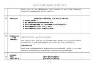 HARI ANUGERAH KECEMERLANGAN SK BUKIT BALAI 2014 
Terima kasih di atas persembahan yang menarik itu tadi. Untuk makluman, 
persembahan tadi dipimpin oleh Pn. Sulawati bt . 
15 ANUGERAH (REFER TEKS ANUGERAH) (ON MUSIC GAMELAN) 
1. TERBAIK TERAS 5 A 
2. MP TERBAIK KESELURUHAN TAHUN 6 2014 
3. HADIAH PEPERIKSAAN SIJIL PENDIDIKAN ISLAM TAHUN 6 2014 
4. ANUGERAH KHAS GURU BAHASA ARAB 
5. ANUGERAH KHAS GURU PELAJARAN JAWI 
17 PERSEMBAHAN 
AKHIR 
TAHUN 5/6 
Hadirin dan hadirat yang dihormati sekalian, 
Apa kata kita rehat sebentar dan sebagai halwa telinga, sama-sama kita saksikan 
persembahan yang akan disampaikan oleh murid-murid Tahun. Dipersilakan... 
(PERSEMBAHAN) 
Terima kasih atas persembahan terakhir dari murid-murid tahun 5 dan 6 itu tadi. Untuk 
makluman, persembahan itu tadi dipimpin oleh Pn Ruzaimah bt Mustapha. 
NH 
18 
LANTIKAN 
KETUA 
PENGAWAS & 
(REFER TEKS ANUGERAH) 
(ON MUSIC GAMELAN) 
9 
 