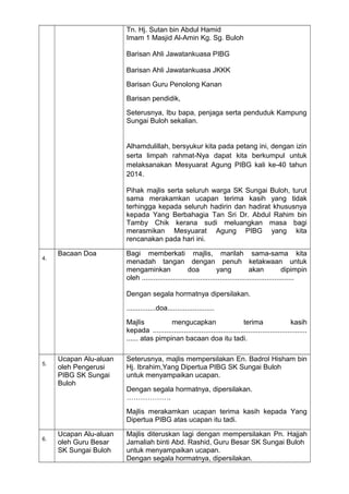 Tn. Hj. Sutan bin Abdul Hamid
Imam 1 Masjid Al-Amin Kg. Sg. Buloh
Barisan Ahli Jawatankuasa PIBG
Barisan Ahli Jawatankuasa JKKK
Barisan Guru Penolong Kanan
Barisan pendidik,
Seterusnya, Ibu bapa, penjaga serta penduduk Kampung
Sungai Buloh sekalian.
Alhamdulillah, bersyukur kita pada petang ini, dengan izin
serta limpah rahmat-Nya dapat kita berkumpul untuk
melaksanakan Mesyuarat Agung PIBG kali ke-40 tahun
2014.
Pihak majlis serta seluruh warga SK Sungai Buloh, turut
sama merakamkan ucapan terima kasih yang tidak
terhingga kepada seluruh hadirin dan hadirat khususnya
kepada Yang Berbahagia Tan Sri Dr. Abdul Rahim bin
Tamby Chik kerana sudi meluangkan masa bagi
merasmikan Mesyuarat Agung PIBG yang kita
rencanakan pada hari ini.
4.
Bacaan Doa Bagi memberkati majlis, marilah sama-sama kita
menadah tangan dengan penuh ketakwaan untuk
mengaminkan doa yang akan dipimpin
oleh ..............................................................................
Dengan segala hormatnya dipersilakan.
...............doa........................
Majlis mengucapkan terima kasih
kepada ...............................................................................
...... atas pimpinan bacaan doa itu tadi.
5.
Ucapan Alu-aluan
oleh Pengerusi
PIBG SK Sungai
Buloh
Seterusnya, majlis mempersilakan En. Badrol Hisham bin
Hj. Ibrahim,Yang Dipertua PIBG SK Sungai Buloh
untuk menyampaikan ucapan.
Dengan segala hormatnya, dipersilakan.
……………….
Majlis merakamkan ucapan terima kasih kepada Yang
Dipertua PIBG atas ucapan itu tadi.
6.
Ucapan Alu-aluan
oleh Guru Besar
SK Sungai Buloh
Majlis diteruskan lagi dengan mempersilakan Pn. Hajjah
Jamaliah binti Abd. Rashid, Guru Besar SK Sungai Buloh
untuk menyampaikan ucapan.
Dengan segala hormatnya, dipersilakan.
 