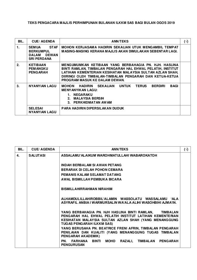 Teks pengacara majlis perhimpunan bulan ogos 2019 ilkkm sas