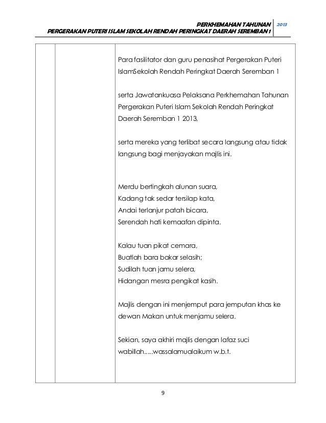 TEKS PENGACARA PERKHEMAHAN PUTERI ISLAM 2013