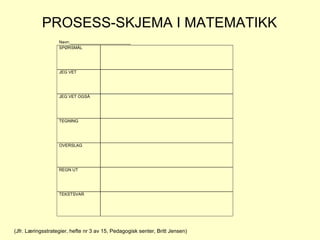 PROSESS-SKJEMA I MATEMATIKK (Jfr. Læringsstrategier, hefte nr 3 av 15, Pedagogisk senter, Britt Jensen) 