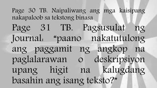 Page 30 TB. Naipaliwang ang mga kaisipang
nakapaloob sa tekstong binasa
Page 31 TB. Pagsusulat ng
Journal: “paano nakatutulong
ang paggamit ng angkop na
paglalarawan o deskripsiyon
upang higit na kalugdang
basahin ang isang teksto?”
 