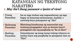 1. May iba’t ibang pananaw o (point of view)
• Unang
Panauhan
• Ikalawang
Panauhan
• Ikatlong
Panauhan
Isa sa mga tauhan ang nagsasalaysay ng mga
bagay na kanyang nararanasan, naalala, o
naririnig kaya gumagamit ng “Ako”
Mistulang kinakausap ng manunulat ang
tauhang pinagagalaw niya sa kwento kaya’t
gumagamit siya ng panghalip na “ka at ikaw”
Isinasalaysay ng isang taong walang relasyon sa
tauhan kaya ang panghalip na ginagamit niya ay
“Siya”
 
