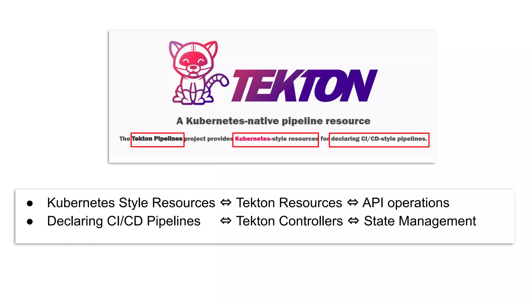 ● Kubernetes Style Resources ⇔ Tekton Resources ⇔ API operations
● Declaring CI/CD Pipelines ⇔ Tekton Controllers ⇔ State Management
 