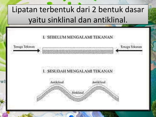 Lipatan terbentuk dari 2 bentuk dasar
yaitu sinklinal dan antiklinal.
 