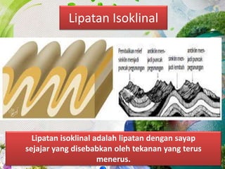 Lipatan Isoklinal
Lipatan isoklinal adalah lipatan dengan sayap
sejajar yang disebabkan oleh tekanan yang terus
menerus.
 