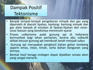 Dampak Positif
Tektonisme
• Banyak tempat-tempat pengeboran minyak dan gas yang
diperoleh di daerah lipatan, kantong- kantong minyak dan
gas alam banyak di emukan di lipatan-lipatan dan sesar-
sesar batuan yang kondisinya memenuhi syarat
• Proses vulkanisme pada gunung api di Indonesia
bermanfaat bagi lahan pertanian, karena abu vulkanik
akibat letusan gunung api membuat tanah menjadi subur.
• Gunung api merupakan penghasil bahan galian tambang
seperti emas, intan, timah, serta bahan bangunan yang
lainnya.
• Bentuk hasil tenaga endogen dapat dijadikan wisata alam
yang sangat menarik.
 