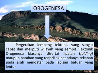 OROGENESA
Pergerakan lempeng tektonis yang sangat
cepat dan meliputi wilayah yang sempit. Tektonik
Orogenesa biasanya disertai lipatan (folding)
maupun patahan yang terjadi akibat adanya tekanan
pada arah mendatar pada lapisan batuan yang
lentur.
 