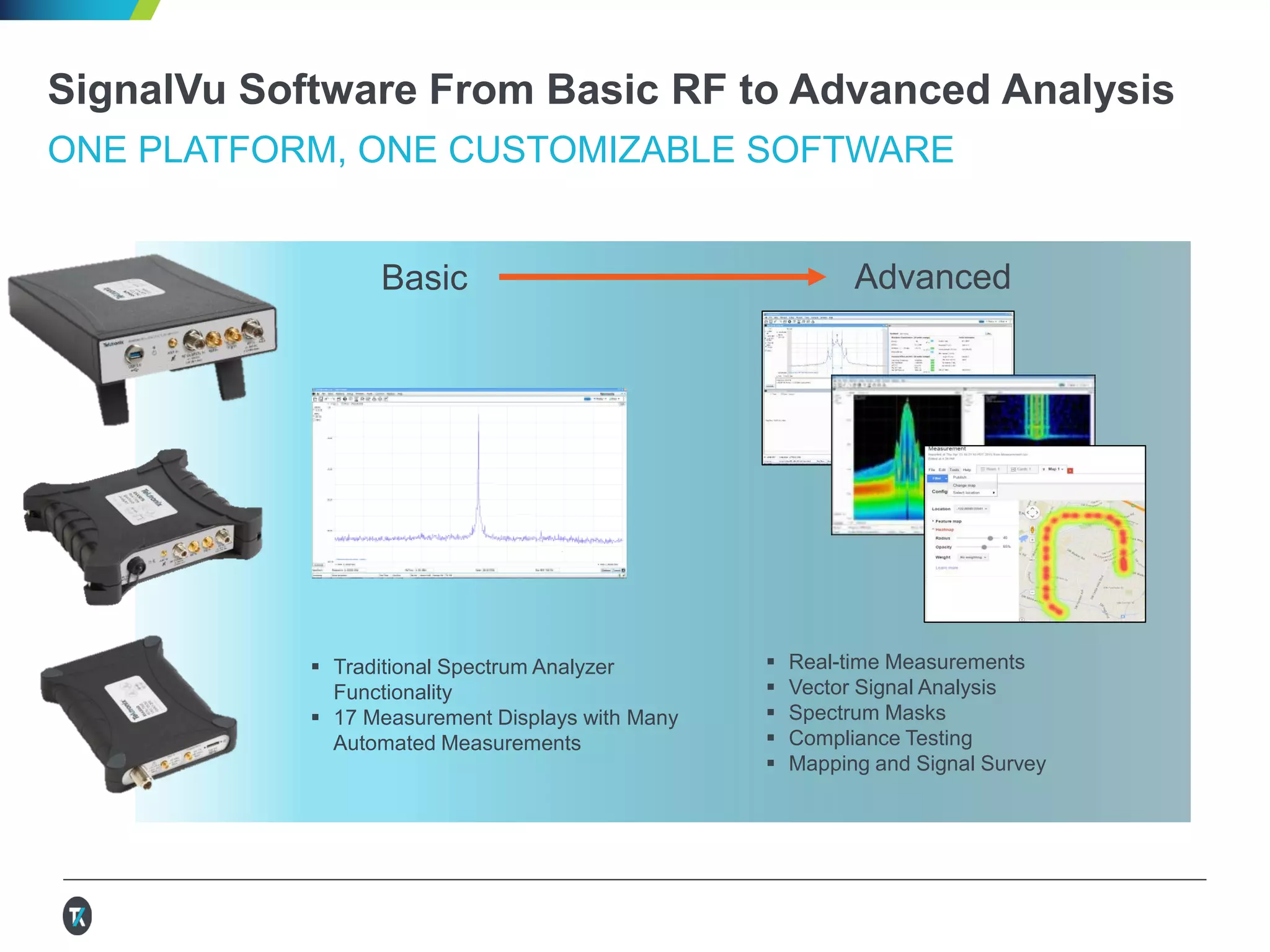 SignalVu Software From Basic RF to Advanced Analysis
ONE PLATFORM, ONE CUSTOMIZABLE SOFTWARE
 Traditional Spectrum Analyzer
Functionality
 17 Measurement Displays with Many
Automated Measurements
 Real-time Measurements
 Vector Signal Analysis
 Spectrum Masks
 Compliance Testing
 Mapping and Signal Survey
Basic Advanced
 