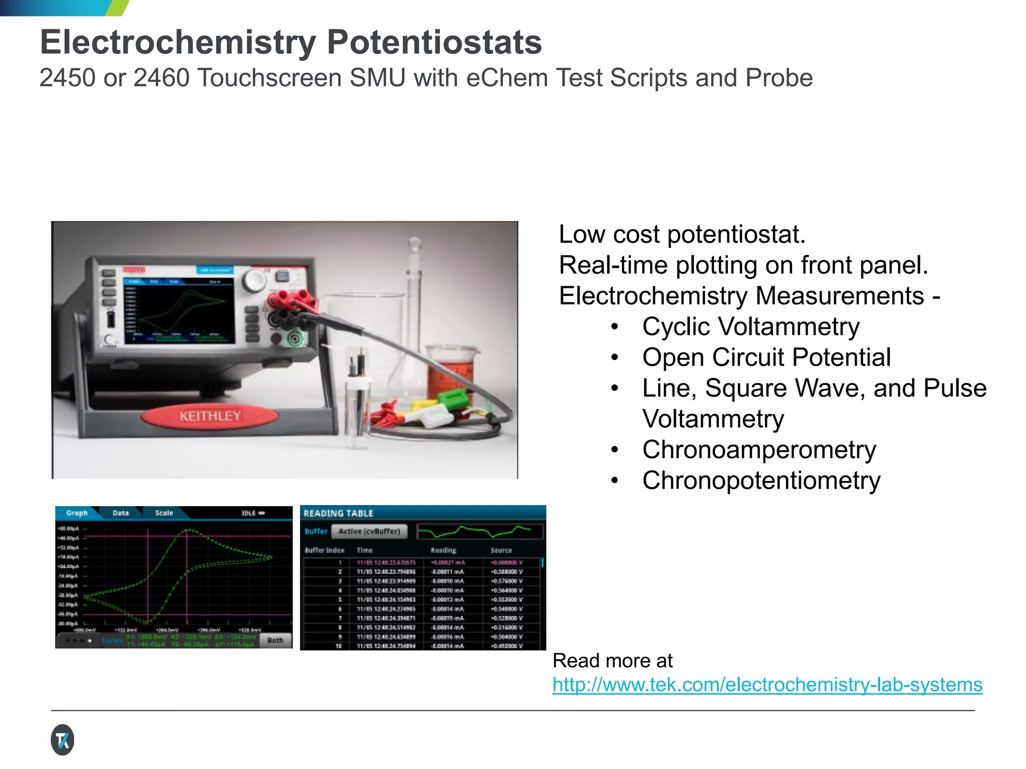 Low cost potentiostat.
Real-time plotting on front panel.
Electrochemistry Measurements -
• Cyclic Voltammetry
• Open Circuit Potential
• Line, Square Wave, and Pulse
Voltammetry
• Chronoamperometry
• Chronopotentiometry
Electrochemistry Potentiostats
2450 or 2460 Touchscreen SMU with eChem Test Scripts and Probe
Read more at
http://www.tek.com/electrochemistry-lab-systems
 