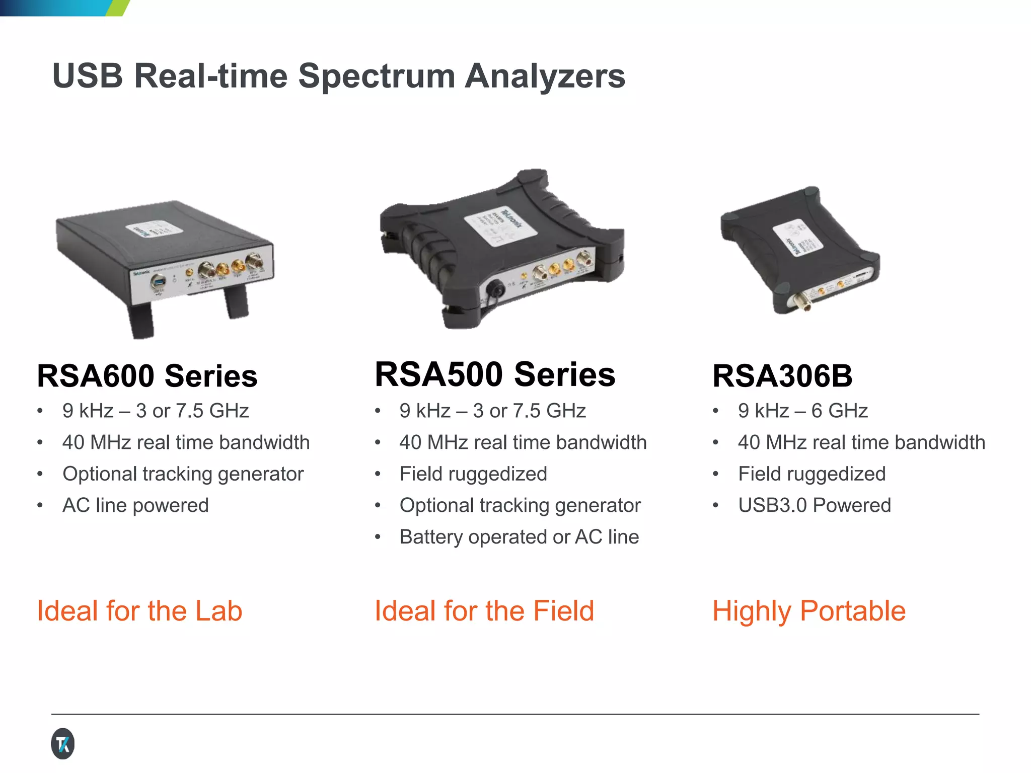 USB Real-time Spectrum Analyzers
RSA500 Series
• 9 kHz – 3 or 7.5 GHz
• 40 MHz real time bandwidth
• Field ruggedized
• Optional tracking generator
• Battery operated or AC line
RSA600 Series
• 9 kHz – 3 or 7.5 GHz
• 40 MHz real time bandwidth
• Optional tracking generator
• AC line powered
RSA306B
• 9 kHz – 6 GHz
• 40 MHz real time bandwidth
• Field ruggedized
• USB3.0 Powered
Ideal for the Lab Ideal for the Field Highly Portable
 