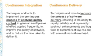Continuous Integration
Techniques and tools to improve
the process of software
delivery, resulting in the ability to
rapid...