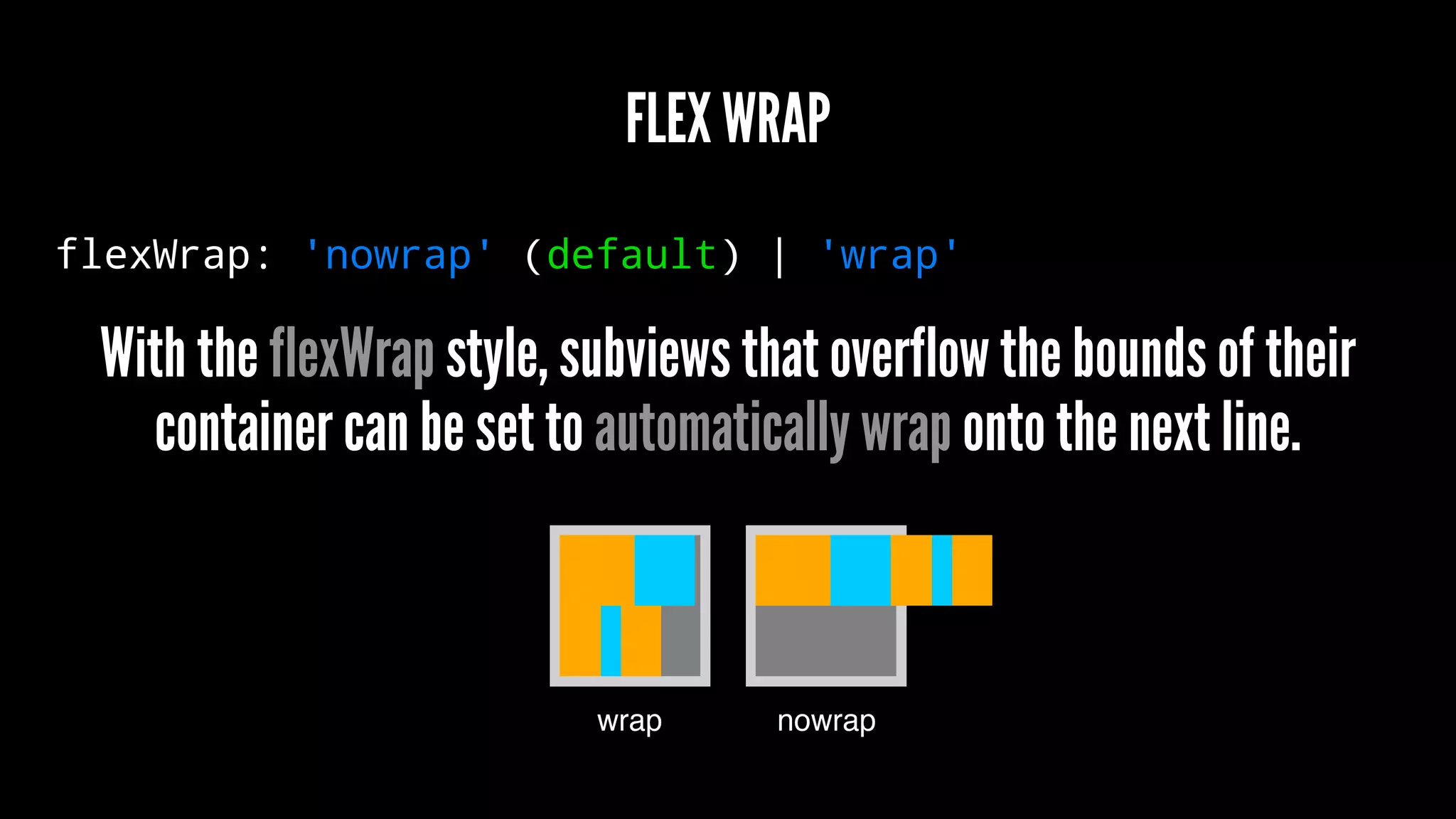 FLEX WRAP
flexWrap: 'nowrap' (default) | 'wrap'
With the flexWrap style, subviews that overflow the bounds of their
container can be set to automatically wrap onto the next line.
 