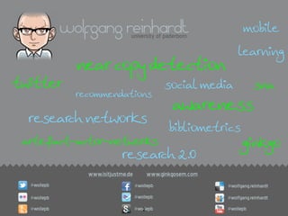 wolfgang reinhardt                                      mobile
                                 university of paderborn

                                                                  learning
               near copy detection
twitter                                         social media              sna
               recommendations
                                                  awareness
  research networks
                                                 bibliometrics
 artefact-actor-networks                                            ginkgo
                             research 2.0
                 www.isitjustme.de        www.ginkgosem.com
  @wollepb                           @wollepb                 @wolfgang.reinhardt
  @wollepb                           @wollepb                 @wolfgang.reinhardt
  @wollepb                           @wollepb
                                        2                     @wollepb
 