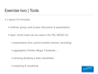 Exercise two | Tools

• x teams (10 minutes)


  • method: group work & peer discussion & presentation


  • topic: which tools can be used in the TEL-MOOC for


     • presentation (live, some hundred viewers, recording)


     • aggregation (Twitter, Blogs, Facebook, ...


     • remixing (building a daily newsletter)


     • analyzing & visualizing
 