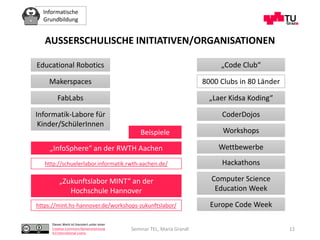 Informatische
Grundbildung
Dieses Werk ist lizenziert unter einer
Creative Commons Namensnennung
4.0 International Lizenz.
AUSSERSCHULISCHE INITIATIVEN/ORGANISATIONEN
Seminar TEL, Maria Grandl 12
Educational Robotics
Makerspaces
FabLabs
Informatik-Labore für
Kinder/SchülerInnen
„InfoSphere“ an der RWTH Aachen
http://schuelerlabor.informatik.rwth-aachen.de/
„Zukunftslabor MINT“ an der
Hochschule Hannover
https://mint.hs-hannover.de/workshops-zukunftslabor/
„Code Club“
8000 Clubs in 80 Länder
„Laer Kidsa Koding“
Computer Science
Education Week
Europe Code Week
CoderDojos
Workshops
Wettbewerbe
Hackathons
Beispiele
 