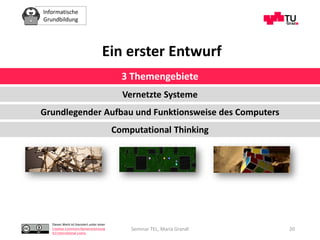 Informatische
Grundbildung
Dieses Werk ist lizenziert unter einer
Creative Commons Namensnennung
4.0 International Lizenz.
Seminar TEL, Maria Grandl 20
Ein erster Entwurf
3 Themengebiete
Vernetzte Systeme
Grundlegender Aufbau und Funktionsweise des Computers
Computational Thinking
 