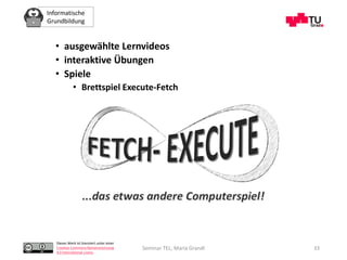 Informatische
Grundbildung
Dieses Werk ist lizenziert unter einer
Creative Commons Namensnennung
4.0 International Lizenz.
Seminar TEL, Maria Grandl
• ausgewählte Lernvideos
• interaktive Übungen
• Spiele
• Brettspiel Execute-Fetch
33
 