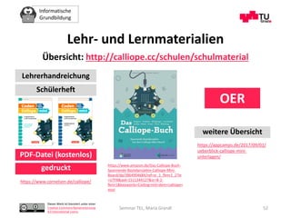 Informatische
Grundbildung
Dieses Werk ist lizenziert unter einer
Creative Commons Namensnennung
4.0 International Lizenz.
Seminar TEL, Maria Grandl 52
Lehr- und Lernmaterialien
Übersicht: http://calliope.cc/schulen/schulmaterial
Schülerheft
https://www.amazon.de/Das-Calliope-Buch-
Spannende-Bastelprojekte-Calliope-Mini-
Board/dp/3864904684/ref=sr_1_fkmr1_2?ie
=UTF8&qid=1511344127&sr=8-2-
fkmr1&keywords=Coding+mit+dem+calliope+
mini
PDF-Datei (kostenlos)
gedruckt
https://www.cornelsen.de/calliope/
Lehrerhandreichung
OER
https://appcamps.de/2017/09/01/
ueberblick-calliope-mini-
unterlagen/
weitere Übersicht
 