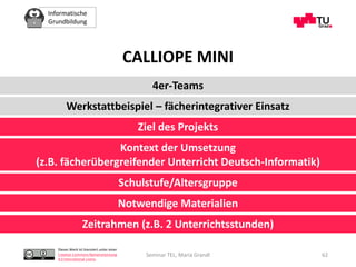 Informatische
Grundbildung
Dieses Werk ist lizenziert unter einer
Creative Commons Namensnennung
4.0 International Lizenz.
Seminar TEL, Maria Grandl 62
CALLIOPE MINI
4er-Teams
Werkstattbeispiel – fächerintegrativer Einsatz
Ziel des Projekts
Kontext der Umsetzung
(z.B. fächerübergreifender Unterricht Deutsch-Informatik)
Schulstufe/Altersgruppe
Notwendige Materialien
Zeitrahmen (z.B. 2 Unterrichtsstunden)
 
