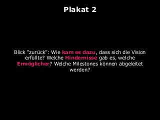 Plakat 2
Blick “zurück”: Wie kam es dazu, dass sich die Vision
erfüllte? Welche Hindernisse gab es, welche
Ermöglicher? Welche Milestones können abgeleitet
werden?
 