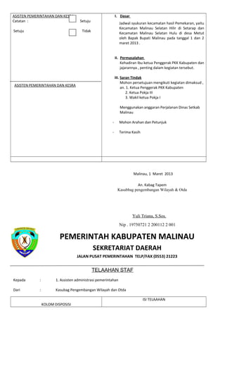 ASISTEN PEMERINTAHAN DAN KESRA
Catatan : Setuju
Setuju Tidak
ASISTEN PEMERINTAHAN DAN KESRA
I. Dasar
Jadwal syukuran kecamatan hasil Pemekaran, yaitu
Kecamatan Malinau Selatan Hilir di Setarap dan
Kecamatan Malinau Selatan Hulu di desa Metut
oleh Bapak Bupati Malinau pada tanggal 1 dan 2
maret 2013 .
II. Permasalahan
Kehadiran Ibu ketua Penggerak PKK Kabupaten dan
jajarannya , penting dalam kegiatan tersebut.
III. Saran Tindak
Mohon persetujuan mengikuti kegiatan dimaksud ,
an. 1. Ketua Penggerak PKK Kabupaten
2. Ketua Pokja III
3. Wakil ketua Pokja I
Menggunakan anggaran Perjalanan Dinas Setkab
Malinau
- Mohon Arahan dan Petunjuk
- Terima Kasih
Malinau, 1 Maret 2013
An. Kabag Tapem
Kasubbag pengembangan Wilayah & Otda
Yuli Triana, S.Sos.
Nip . 19750721 2 200112 2 001
PEMERINTAH KABUPATEN MALINAU
SEKRETARIAT DAERAH
JALAN PUSAT PEMERINTAHAN TELP/FAX (0553) 21223
TELAAHAN STAF
Kepada : 1. Assisten administrasi pemerintahan
Dari : Kasubag Pengembangan Wilayah dan Otda
KOLOM DISPOSISI
ISI TELAAHAN
 