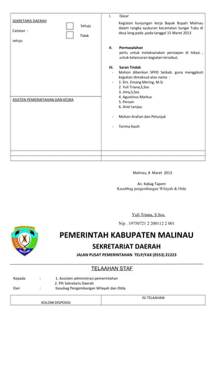 SEKRETARIS DAERAH
Setuju
Catatan :
Tidak
setuju
ASISTEN PEMERINTAHAN DAN KESRA
I. Dasar
Kegiatan kunjungan kerja Bapak Bupati Malinau
dalam rangka syukuran kecamatan Sungai Tubu di
desa long pada ,pada tanggal 15 Maret 2013
II. Permasalahan
perlu untuk melaksanakan persiapan di lokasi ,
untuk kelancaran kegiatan tersebut.
III. Saran Tindak
- Mohon diberikan SPPD Setkab. guna menggikuti
kegiatan dimaksud atas nama :
- 1. Drs. Emang Mering, M.Si
2. Yuli Triana,S,Sos
3. Jimy,S,Sos
4. Agustinus Markus
5. Person
6. Ariel Lenjau
- Mohon Arahan dan Petunjuk
- Terima Kasih
Malinau, 8 Maret 2013
An. Kabag Tapem
Kasubbag pengembangan Wilayah & Otda
Yuli Triana, S.Sos.
Nip . 19750721 2 200112 2 001
PEMERINTAH KABUPATEN MALINAU
SEKRETARIAT DAERAH
JALAN PUSAT PEMERINTAHAN TELP/FAX (0553) 21223
TELAAHAN STAF
Kepada : 1. Assisten administrasi pemerintahan
2. Plh Sekretaris Daerah
Dari : Kasubag Pengembangan Wilayah dan Otda
KOLOM DISPOSISI
ISI TELAAHAN
 