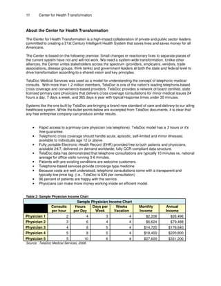 11 Center for Health Transformation
About the Center for Health Transformation
The Center for Health Transformation is a high-impact collaboration of private and public sector leaders
committed to creating a 21st Century Intelligent Health System that saves lives and saves money for all
Americans.
The Center is based on the following premise: Small changes or reactionary fixes to separate pieces of
the current system have not and will not work. We need a system-wide transformation. Unlike other
alliances, the Center unites stakeholders across the spectrum (providers, employers, vendors, trade
associations, disease groups, think tanks) and government leaders at both the state and federal level to
drive transformation according to a shared vision and key principles.
TelaDoc Medical Services was used as a model for understanding the concept of telephonic medical
consults. With more than 1.2 million members, TelaDoc is one of the nation's leading telephone-based
cross coverage and convenience-based providers. TelaDoc provides a network of board certified, state
licensed primary care physicians that delivers cross coverage consultations for minor medical issues 24
hours a day, 7 days a week, and 365 days a year with typical response times under 30 minutes.
Systems like the one built by TelaDoc are bringing a brand new standard of care and delivery to our ailing
healthcare system. While the bullet points below are excerpted from TelaDoc documents, it is clear that
any free enterprise company can produce similar results.
• Rapid access to a primary care physician (via telephone). TelaDoc model has a 3 hours or it's
free guarantee.
• Telephonic cross coverage should handle acute, episodic, self-limited and minor illnesses;
available to individuals age 12 or above.
• Fully portable Electronic Health Record (EHR) provided free to both patients and physicians,
available 24/7, delivered on demand worldwide; fully CCR-compliant data structure.
• TelaDoc data has demonstrated that telephone consultations are typically 10 minutes vs. national
average for office visits running 3-6 minutes.
• Patients with pre-existing conditions are welcome customers.
• Telephone-based services provide concierge-type medicine
• Because costs are well understood, telephone consultations come with a transparent and
typically low price tag. (i.e., TelaDoc is $35 per consultation)
• 96 percent of patients are happy with the service.
• Physicians can make more money working inside an efficient model.
Table 2: Sample Physician Income Chart
Sample Physician Income Chart
Consults Hours Days per Weeks Monthly Annual
per hour per Day Week Vacation Income Income
Physician 1 2 4 3 4 $2,208 $26,496
Physician 2 3 6 4 4 $6,624 $79,488
Physician 3 4 8 5 4 $14,720 $176,640
Physician 4 5 8 5 4 $18,400 $220,800
Physician 5 5 10 6 4 $27,600 $331,200
Source: TelaDoc Medical Services, 2008.