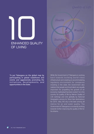 To put Telangana on the global map by
participating in global roadshows and
events and aggressively promoting the
i n i t i a t i v e s , d e v e l o p m e n t s , a n d
opportunitiesintheState.
While the Government of Telangana is working
h a r d t o w a r d s b u i l d i n g w o r l d - c l a s s
infrastructure and creating an accommodating
regulatory environment for companies
investing in the state, the Government also
realizes that people and local talent are equally
important for propelling the growth of an
economy. Hyderabad has been ranked 1st in the
country for quality of life by Mercer Quality of
Life rankings and 2nd globally by National
Geographic among its ‘Must-See destinations
for 2015’. Also, the city is the best among all
metros for air and water quality. The
Government of Telangana is constantly working
towards further improving the quality of life for
itscitizens.
10ENHANCED QUALITY
OF LIVING
34 THE IT FRAMEWORK 2016|
 
