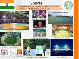 • Hyderabad has the most affordable real estate among major cities in India
• SEZ tax benefits: Exemption from income, customs, excise, service & sales Tax
• 5.6 m sq. ft of new office space was leased in the city during 2016 up 37% YoY
Read more at:
http://economictimes.indiatimes.com/articleshow/56681940.cms?utm_source=conte
ntofinterest&utm_medium=text&utm_campaign=cppst
Real Estate
Phase I. 694,260 sq ft
100% leased out
Phase II
1.3m sq ft (under development)
Airport City
1,500 acres (under development)
Gachibowli, 2.6m sq ft
 