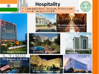 Hospitality
The Westin, Hyderabad
Banjara Hills
Taj Krishna, Banjara Hills
Novotel, Convention center
Taj Falaknuma Palace Hotel
Built in 1894. Designed by William Mard


Oakwood Residence Kapil
Hyderabad
ITC Kohinoor, Hyderabad
(Opens 2017)
 