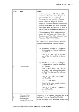 Southern Power Distribution Company of Telangana Limited (TSSPDCL) 11
SOLAR RFS DOCUMENT
S.No. Scope Details
and maintained by the SPD at his cost. The
entire cost of transmission including cost of
procurement of land for bay (if any),
construction of lines, metering equipment,
losses, supervision charges etc., from the
Project up to the Interconnection Point shall be
borne by the SPD and shall not be reimbursed
by licensees. Right of way (RoW) for laying of
the interconnection lines shall lie with the SPD.
v. The measurement, billing and accounting of
energy delivered by the Solar Project at the
Interconnection Point will be maintained by the
Telangana TRANSCO/ DISCOM.
7 Tariff Payment
The SPD shall be entitled to receive the tariff
payments computed in the following manner –
1) If the Bidder has opted for Tariff Option
-1 as specified in Financial Bid Format
6.10 (B), then
Tariff for all Tariff Years for the entire
term of the PPA shall be the Quoted
Tariff
2) If the Bidder has opted for Tariff Option
-2 as specified in Financial Bid Format
6.10 (B), then
Tariff for Tariff Year 1 (TY1) shall be
the Quoted Tariff quoted by the Bidder
for Tariff Year 1 as specified in Format
6.10 (B)
Tariff for Tariff Year n (TYn) where 2 <
n < 10 shall be
TYn = TYn-1 * (1+Esc%)
Where Esc% is the annual escalation
specified by the Bidder
Tariff for Tariff Year m (TYm) where 11
< m < 25 shall be
TYm = TYm-1
8
Financial closure,
synchronisation,
commissioning,
commercial operation,
Please refer to the enclosed draft PPA. The SPD
shall sign PPA as per Clause 3.8 of this RfS.
Bidders may refer to the draft PPA attached with
 