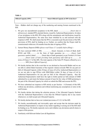 Southern Power Distribution Company of Telangana Limited (TSSPDCL) 36
SOLAR RFS DOCUMENT
Table A
Offered Capacity (MW) <Insert Offered Capacity in MW terms here>
Note: - Bidders shall not change any of the numbering and naming formats mentioned in the
RfS.
1. We give our unconditional acceptance to the RfS, dated ……………..…. [Insert date in
dd/mm/yyyy], standard PPA attached thereto, issued by Authorised Representative. In token
of our acceptance to the RfS, PPA along with the amendments and clarifications issued by
Authorised Representative, the same have been initialled by us and enclosed with the
response to RfS. We shall ensure that the PPA is executed as per the provisions of the RfS,
provisions of PPA shall be binding on us. Further, we confirm that the Project shall be
commissioned within ten (10) months from the date of signing of PPA.
2. Earnest Money Deposit (EMD) (please read Clause 3.7 carefully before filling): -
We have enclosed EMD of INR.. ………….. (Insert Amount), in form of Bank draft/
RTGS and INR………….in the form of bank guarantee no………….[Insert bank
guarantee number] dated ………. [Insert date of bank guarantee] as per Format 6.3A from
………… [Insert name of bank providing bank guarantee] and valid up to………….in
terms of Clause 3.7 of this RfS. The total capacity of the Solar PV Projects offered by us is
…………. MW [Insert Offered Capacity].
3. We hereby declare that in the event that we are declared as Successful Bidder and we are
not able to submit Bank Guarantee of the requisite value(s) towards PBG for any part (or
full) of Allocated Capacity within 30 days of issue of LoI by Authorised Representative or
we are not able to sign PPA(s) with DISCOM(s) within 30 days of issue of LoI by
Authorised Representative for any part (or full) of the Allocated Capacity, then the
Authorised Representative shall have the right to forfeit partial (or full) amount of EMD
submitted by us and return the balance amount (if any) for the value of EMD pertaining to
the part of the Allocated Capacity for which we submit the PBG and execute the PPA
4. We have submitted our response to RfS strictly as per Section – 6 (Formats) of this RfS,
without any deviations, conditions and without mentioning any assumptions or notes in the
said Formats.
5. We hereby declare that during the selection process, if the Allocated Capacity finalised
with the Authorised Representative is less than the Offered Capacity due to any reason
whatsoever, we shall accept such Allocated Capacity.
6. We hereby declare that we have not violated provisions of 3.12.2 of this RfS
7. We hereby unconditionally and irrevocably agree and accept that the decision made by
Authorised Representative in respect of any matter regarding or arising out of the RfS shall
be binding on us. We hereby expressly waive and withdraw any deviations and all claims in
respect of this process.
8. Familiarity with Relevant Indian Laws & Regulations:
 