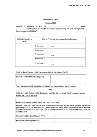 Southern Power Distribution Company of Telangana Limited (TSSPDCL) 59
SOLAR RFS DOCUMENT
FORMAT- 6.10(B)
Financial Bid
Subject: - Response to RfS No …………………………………………… Dated
…………….. for “Selection of Solar PV developers for procuring 500 MW through tariff-
based competitive bidding”
Offered Capacity in
MW
List of Preferred Interconnection Substations
Preference 1 ……
Preference 2 ……
Preference 3
……
Preference 4
……
Preference 5
……
Table 1: Tariff Option 1 (Bid Parameter shall be the Quoted Tariff)
Quoted Tariff in INR/kWh (figures) ……
Note: The above Table 1 shall be left blank if the Bidder choses Tariff Option 2
(OR)
Table 2: Tariff Option 2 (Bid Parameter shall be the Levelized Tariff computed as per
Clause 4.1.3 (B) of the RFS
6.1.1 Bidder shall specify Quoted Tariff for Tariff Year 1 only.
Quoted Tariff for Tariff Year 1 shall be uniformly escalated by the below specified Escalation
percentage (Esc %) to determine the Quoted Tariff for Tariff Year 2 till Tariff Year 10. Quoted
Tariff for Tariff Year 11 till Tariff Year 25 shall be the same as the escalated Quoted Tariff for
Tariff Year 10
Quoted Tariff for Tariff Year 1 (TY1)
Escalation percentage (Esc %)
 
