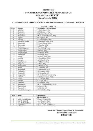 Ground Water Department, Telangana & Central Ground Water Board, MoJS
REPORT ON
DYNAMIC GROUNDWATER RESOURCES OF
TELANGANA STATE
(As on March, 2020)
CONTRIBUTORS’ FROM GROUND WATER DEPARTMENT, Govt of TELANGANA
DISTRICT OFFICES
S.No. District : Designation (Sri/Smt/Kum)
1 Adilabad : T. Pulla Rao, A.Hg
2 Bhadradri : B. Rajkumar, A.Hg
3 Bhupalpally : P. Ramakrishna, A.Hg
4 Hyderabad : Dr. G. Vamshi Krishna, A.Hg
5 Jagityal : G. Nagaraju, AH
6 Jangaon : Ch. Narsimhulu, AGp
7 Jogulamba gadwal : S. Paramesh Goud A.Hg
8 Kamareddy : K. Ravi Kumar, A.Hg
9 Karimnagar : P. Sujatha, A.Hg
10 Khammam : G. Vishnu, AH
11 Kumuram bheem : A. Navaneeth A.Gp
12 Mahabubabad : V.Suresh A.Hg
13 Mahabubnagar : R. Manasa, A.Hg
14 Mancherial : B. Ganesh, A.Hg
15 Medak : D. Divya Jyothi A.H
16 Medchal : P. Premalatha, A.Hg
17 Mulugu : A. Srikanth, A.Hg
18 Nagarkurnool : T. Mathews, AGp
19 Nalgonda : V.Ravi, AH.g
20 Narayanapet : V.Kumar, A.Hg
21 Nirmal : K. Suhasini, A.H
22 Nizamabad : E. Govardhan, A.H
23 Peddapally : B. Umadevi, A.Hg
24 Rangareddy : B. Sangeetha, A.H
25 Sangareddy : Dr. M. Santosh Kumar, A.Hg
26 Siddipet : E. Sathyanarayana, A.Hg
27 Sircilla : A. Abhilash, A.H
28 Suryapet : K. Rajini, AH.g
29 Vikarabad : K. Lavanya, A.Hg
30 Wanaparthy : Dr. P. Yugendar Reddy, A.Hg
31 Warangal (r) : B. Ravi, A.Hg
32 Warangal (u) : S. Shruthi, AH
33 Yadadri bhuvanagiri : V. Swathi Sri, A.Hg
S.No. Name : Designation
HEAD OFFICE
1 Sri P. Jyothi Kumar : Deputy Director (Hg)
2 Sri. M. Ramesh : Asst. Director (Hg)
3 Smt. Hafsa Sulthana : Asst. Hydrogeologist
4 Supervision : Sri K. Laxma, Joint Director
Under the Overall Supervision & Guidance
Dr. Pandith Madhnure
DIRECTOR
 
