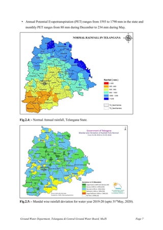 Ground Water Department, Telangana & Central Ground Water Board, MoJS Page 7
• Annual Potential Evapotranspiration (PET) ranges from 1593 to 1790 mm in the state and
monthly PET ranges from 88 mm during December to 234 mm during May.
Fig.2.4: - Normal Annual rainfall, Telangana State.
Fig.2.5: - Mandal wise rainfall deviation for water year 2019-20 (upto 31st
May, 2020).
 
