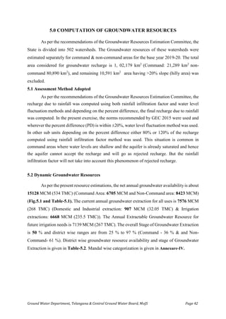 Ground Water Department, Telangana & Central Ground Water Board, MoJS Page 42
5.0 COMPUTATION OF GROUNDWATER RESOURCES
As per the recommendations of the Groundwater Resources Estimation Committee, the
State is divided into 502 watersheds. The Groundwater resources of these watersheds were
estimated separately for command & non-command areas for the base year 2019-20. The total
area considered for groundwater recharge is 1, 02,179 km2
(Command: 21,289 km2
non-
command 80,890 km2
), and remaining 10,591 km2
area having >20% slope (hilly area) was
excluded.
5.1 Assessment Method Adopted
As per the recommendations of the Groundwater Resources Estimation Committee, the
recharge due to rainfall was computed using both rainfall infiltration factor and water level
fluctuation methods and depending on the percent difference, the final recharge due to rainfall
was computed. In the present exercise, the norms recommended by GEC 2015 were used and
wherever the percent difference (PD) is within 20%, water level fluctuation method was used.
In other sub units depending on the percent difference either 80% or 120% of the recharge
computed using rainfall infiltration factor method was used. This situation is common in
command areas where water levels are shallow and the aquifer is already saturated and hence
the aquifer cannot accept the recharge and will go as rejected recharge. But the rainfall
infiltration factor will not take into account this phenomenon of rejected recharge.
5.2 Dynamic Groundwater Resources
As per the present resource estimations, the net annual groundwater availability is about
15128 MCM (534 TMC) (Command Area: 6705 MCM and Non-Command area: 8423 MCM)
(Fig.5.1 and Table-5.1). The current annual groundwater extraction for all uses is 7576 MCM
(268 TMC) (Domestic and Industrial extraction: 907 MCM (32.05 TMC) & Irrigation
extractions: 6668 MCM (235.5 TMC)). The Annual Extractable Groundwater Resource for
future irrigation needs is 7139 MCM (267 TMC). The overall Stage of Groundwater Extraction
is 50 % and district wise ranges are from 25 % to 97 % (Command - 36 % & and Non-
Command- 61 %). District wise groundwater resource availability and stage of Groundwater
Extraction is given in Table-5.2. Mandal wise categorization is given in Annexure-IV.
 
