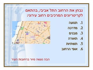 נבחן את הרחוב התל אביבי ,  בהתאם לקריטריונים המרכיבים רחוב עירוני :   תנועה מדרכה  מבנים  תאורה תשתיות  אופי הרחוב הבה נעשה סיור ברחובות העיר 