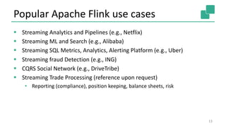 Popular Apache Flink use cases
§ Streaming Analytics and Pipelines (e.g., Netflix)
§ Streaming ML and Search (e.g., Alibaba)
§ Streaming SQL Metrics, Analytics, Alerting Platform (e.g., Uber)
§ Streaming fraud Detection (e.g., ING)
§ CQRS Social Network (e.g., DriveTribe)
§ Streaming Trade Processing (reference upon request)
• Reporting (compliance), position keeping, balance sheets, risk
13
 