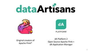 2
Original creators of
Apache Flink®
dA Platform 2
Open Source Apache Flink +
dA Application Manager
 
