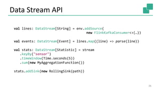 Data Stream API
26
val lines: DataStream[String] = env.addSource(
new FlinkKafkaConsumer<>(…))
val events: DataStream[Event] = lines.map((line) => parse(line))
val stats: DataStream[Statistic] = stream
.keyBy("sensor")
.timeWindow(Time.seconds(5))
.sum(new MyAggregationFunction())
stats.addSink(new RollingSink(path))
 