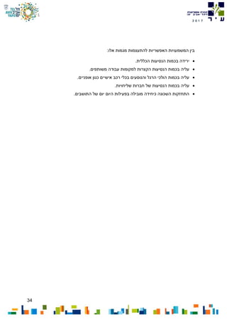 34
7102
:‫אלו‬ ‫מגמות‬ ‫להתעצמות‬ ‫האפשריות‬ ‫המשמעויות‬ ‫בין‬
.‫הכללית‬ ‫הנסיעות‬ ‫בכמות‬ ‫ירידה‬
‫משותפים‬ ‫עבודה‬ ‫למקומות‬ ‫הקצרות‬ ‫הנסיעות‬ ‫בכמות‬ ‫עליה‬.
.‫אופניים‬ ‫כגון‬ ‫אישיים‬ ‫רכב‬ ‫בכלי‬ ‫והנוסעים‬ ‫הרגל‬ ‫הולכי‬ ‫בכמות‬ ‫עליה‬
.‫שליחויות‬ ‫חברות‬ ‫של‬ ‫הנסיעות‬ ‫בכמות‬ ‫עליה‬
.‫התושבים‬ ‫של‬ ‫יום‬ ‫היום‬ ‫בפעילות‬ ‫מובילה‬ ‫כיחידה‬ ‫השכונה‬ ‫התחזקות‬
 