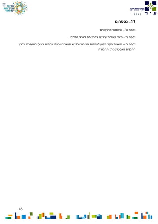 45
7102
11.‫נספחים‬
'‫א‬ ‫נספח‬–‫פרויקטים‬ ‫אינוונטר‬
'‫ב‬ ‫נספח‬-‫הכלים‬ ‫לארגז‬ ‫בהתייחס‬ ‫עירייה‬ ‫פעולות‬ ‫מיפוי‬
'‫ג‬ ‫נספח‬–)‫בעיר‬ ‫עסקים‬ ‫ובעלי‬ ‫תושבים‬ ‫(בדגש‬ ‫הציבור‬ ‫לעמדות‬ ‫מקוון‬ ‫סקר‬ ‫תוצאות‬‫עדכון‬ ‫במסגרת‬
:‫האסטרטגית‬ ‫התכנית‬‫תחבורה‬
 