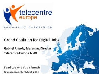 Grand Coalition for Digital Jobs
Gabriel Rissola, Managing Director
Telecentre-Europe AISBL
SparkLab Andalusia launch
Granada (Spain), 7 March 2014
 
